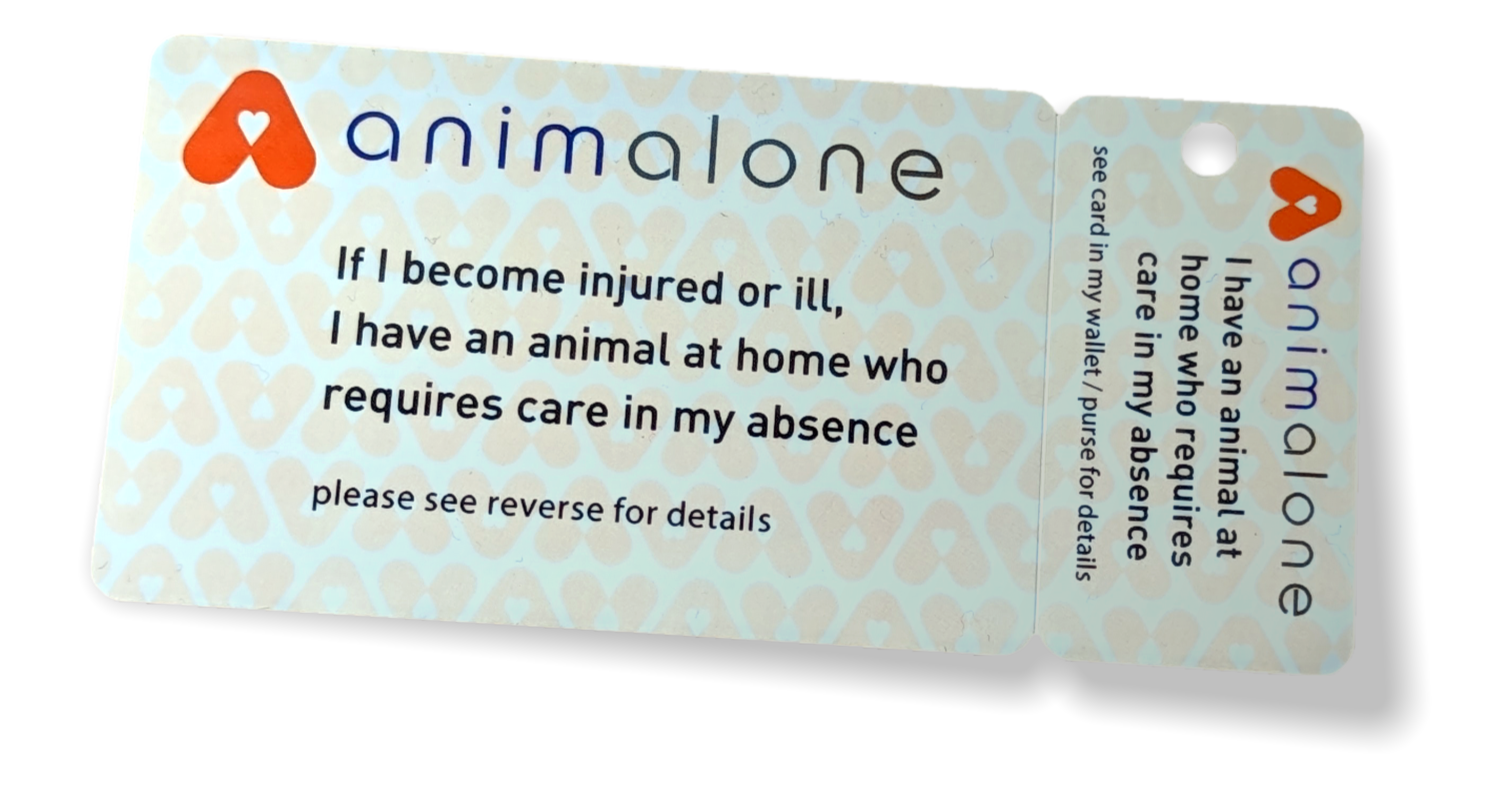 Pet Home Alone Card - A Plastic Card and Key Fob you can put in your wallet/purse. Alert emergency staff that you have a pet home alone and to contact the listed people on the reverse of the card