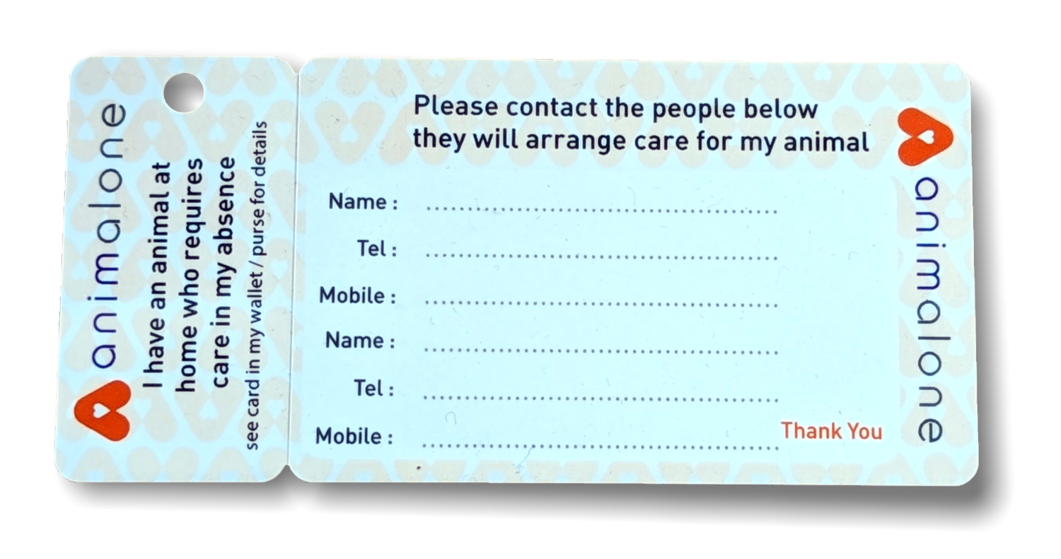 Pet Home Alone Card - A Plastic Card and Key Fob you can put in your wallet/purse. Alert emergency staff that you have a pet home alone and to contact the listed people on the reverse of the card